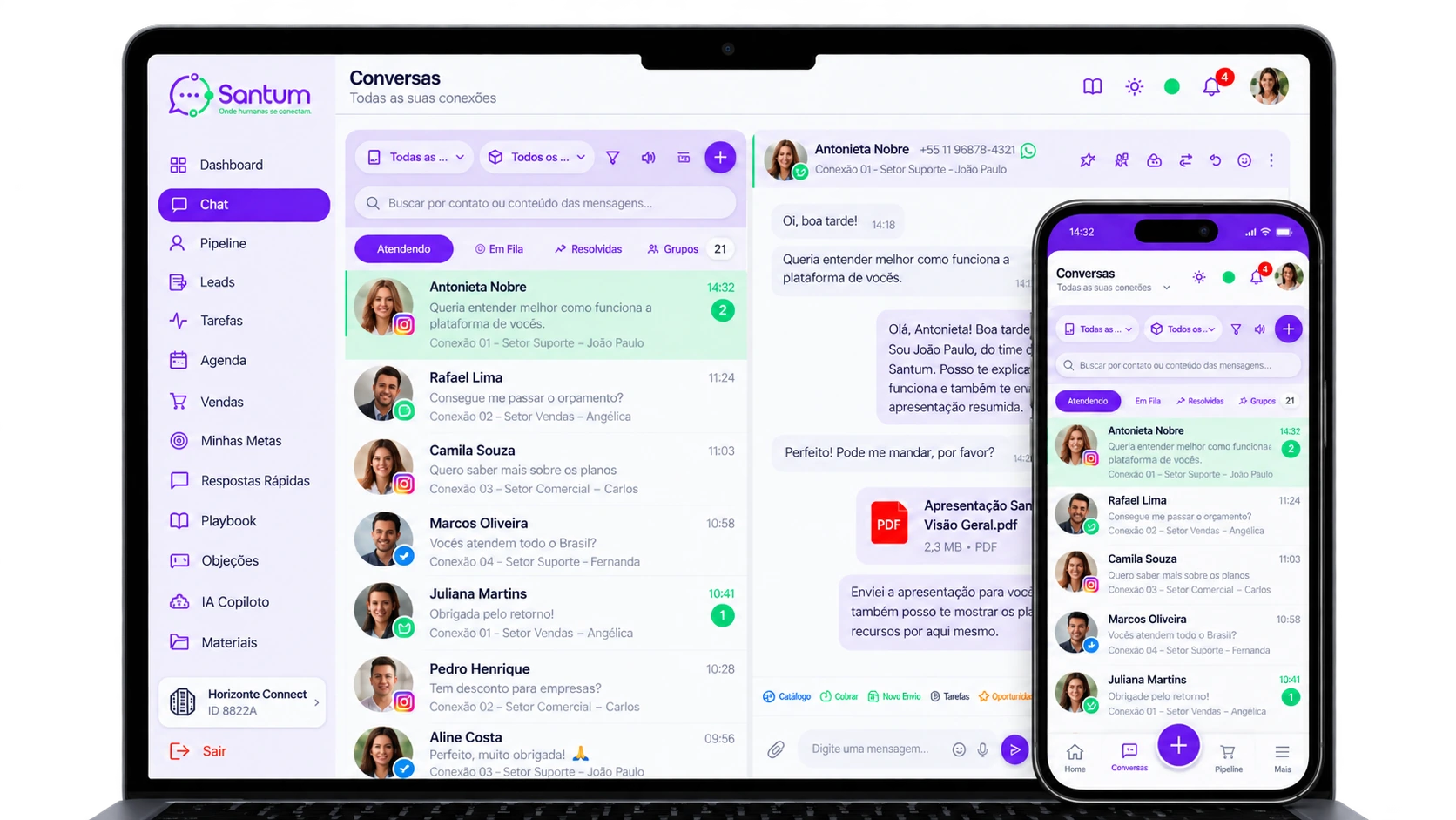 Mockup da interface da Santum em laptop e smartphone, com um painel de conversas.